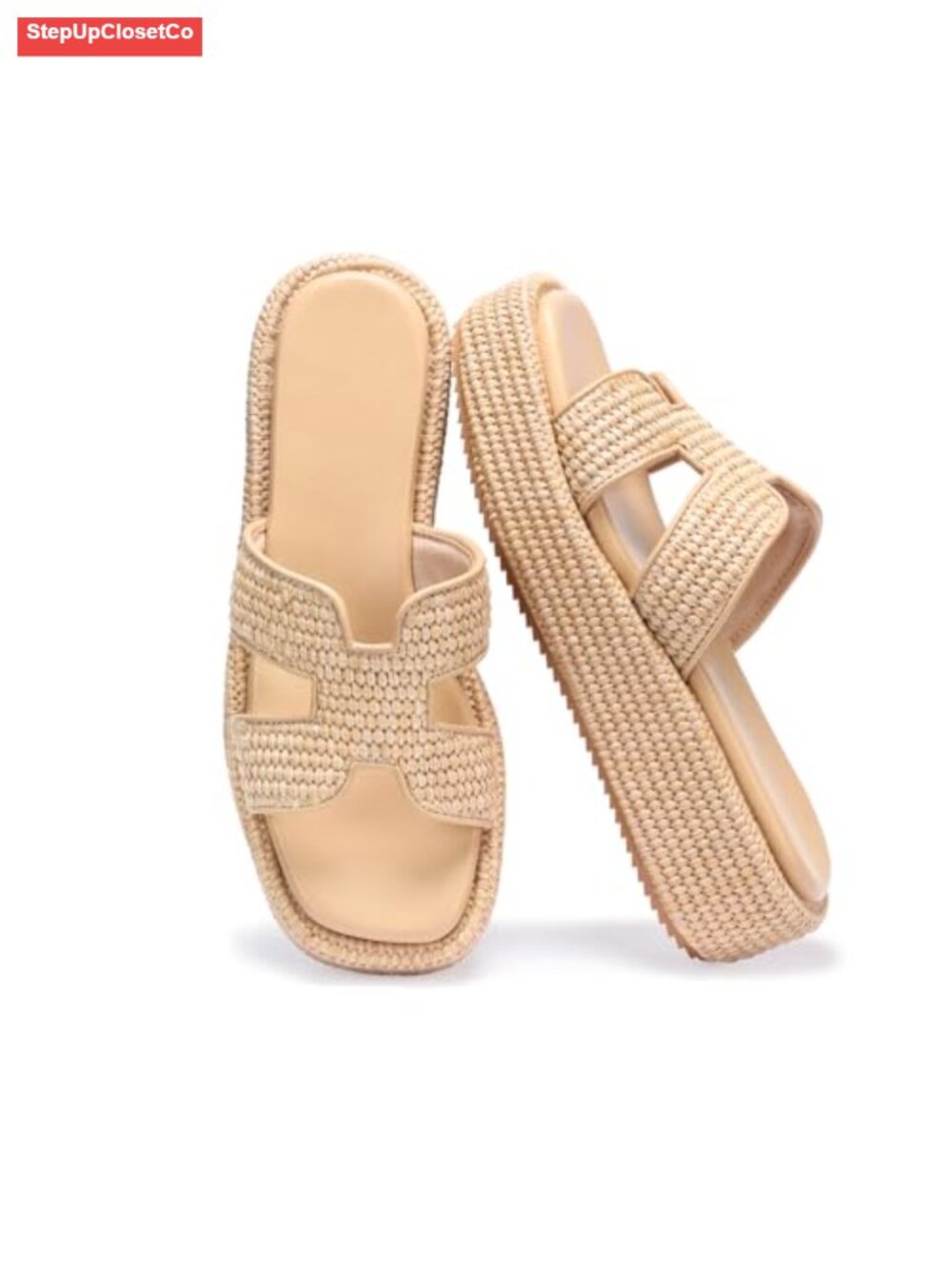 Raffia Platform Sandals Slip-On Espadrille Wedge Slides Woven Straw Summer Beach